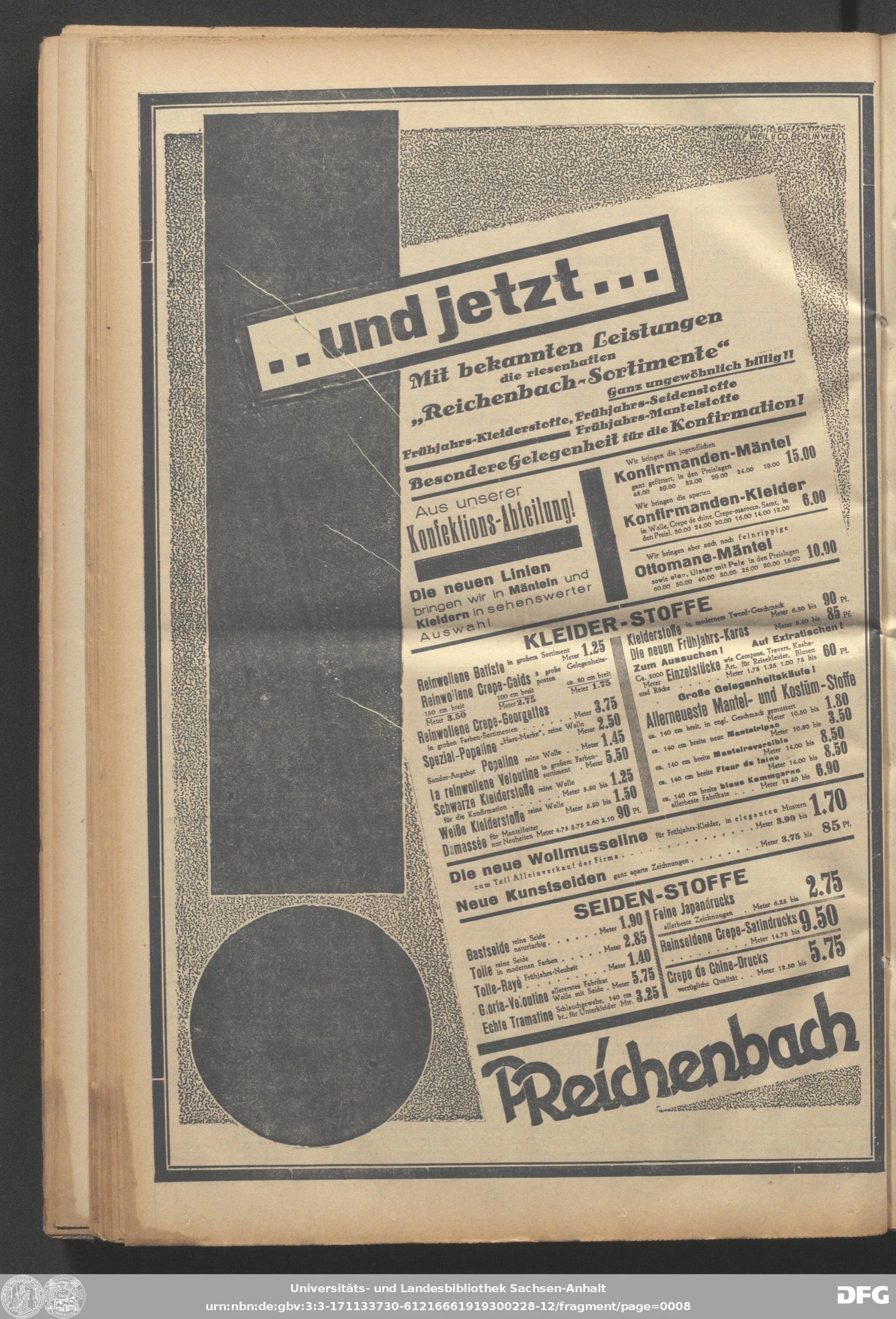 Full-page Reichenbach advertisement in the Harzer Volksstimme, presenting spring clothing, dress fabrics, silks and linens in a tilted modern layout