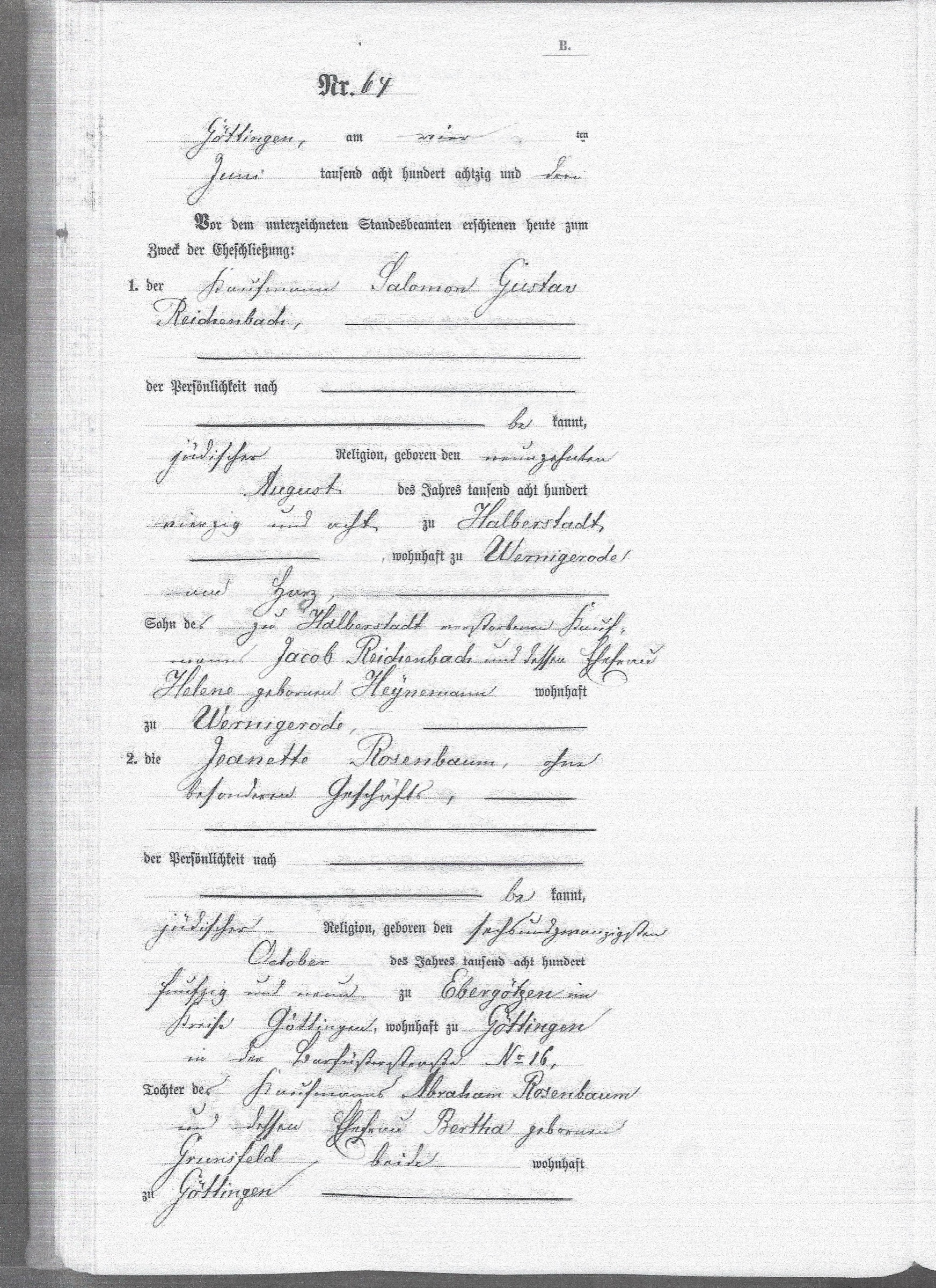 Göttinger Zivilstandseintrag über die Heirat von Salomon Gustav Reichenbach und Jeanette Rosenbaum