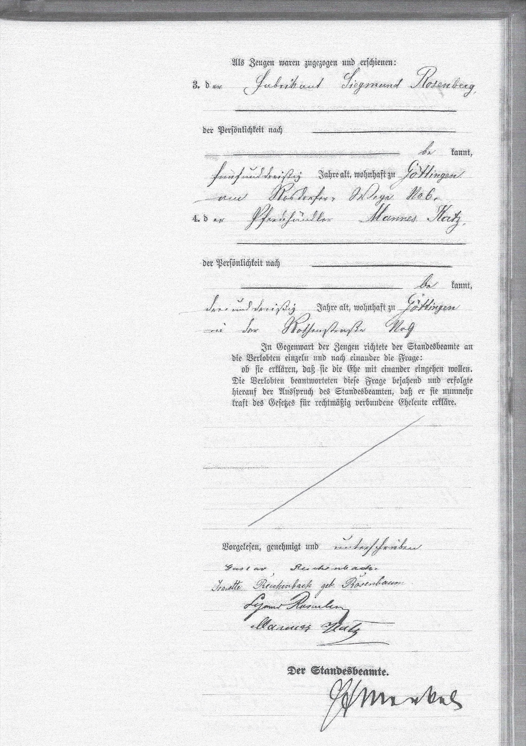 Unterschriften- und Zeugenseite aus dem Heiratseintrag von Gustav Reichenbach und Jeanette Rosenbaum