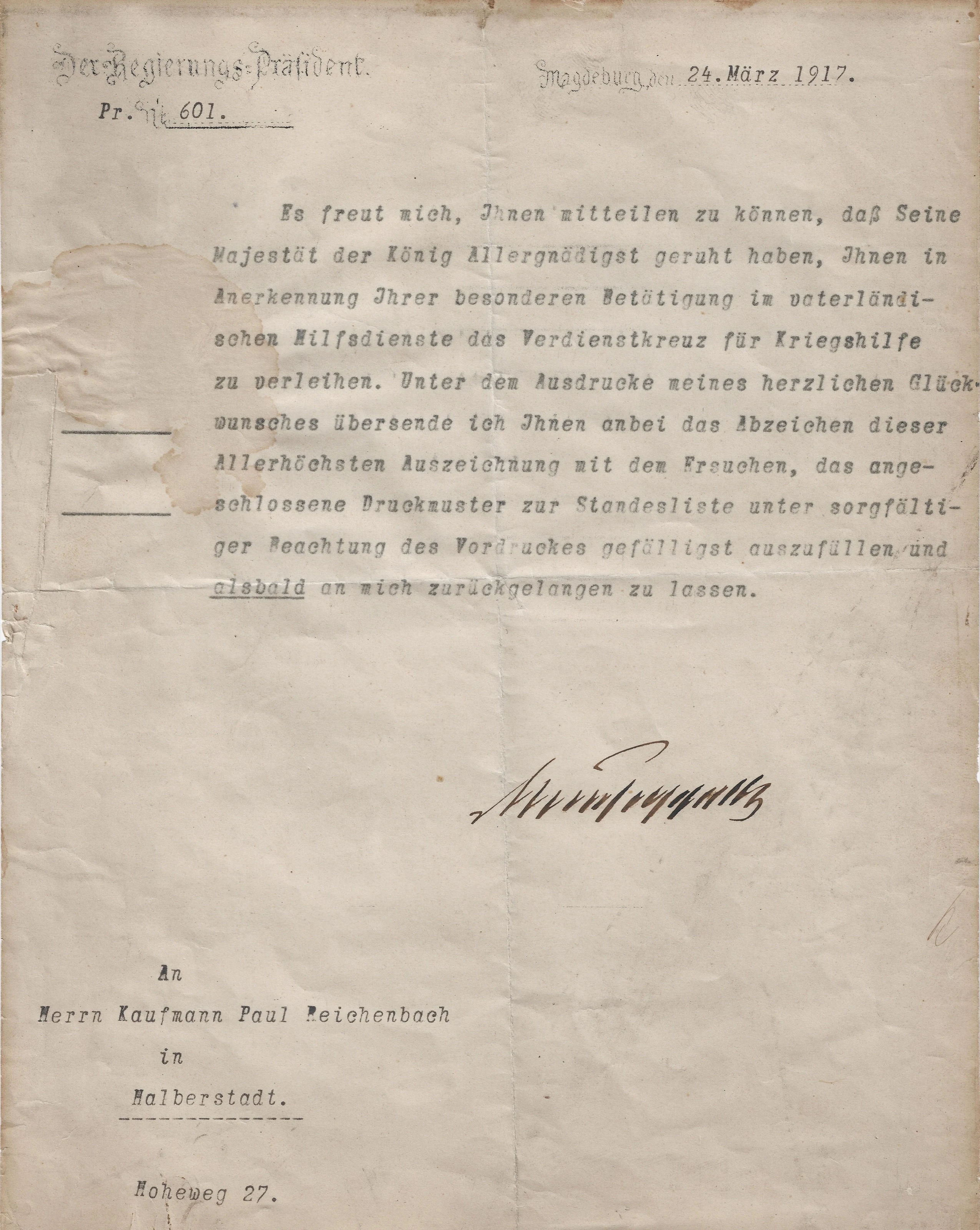 Typed German award notice addressed to merchant Paul Reichenbach at Hoheweg 27