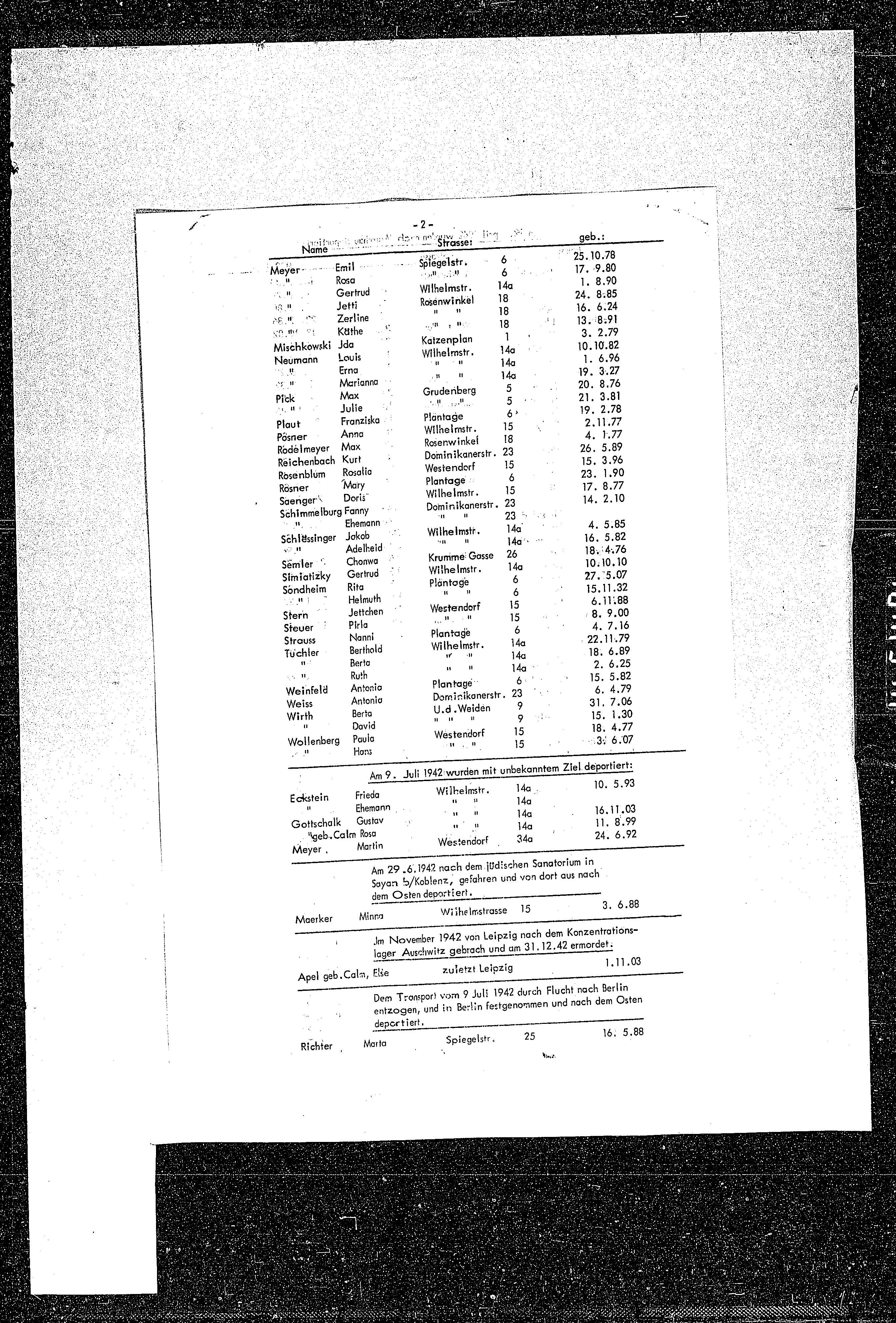 Second page of a Halberstadt deportee list preserved by Yad Vashem, including Kurt Reichenbach and Paula and Hans Wollenberg